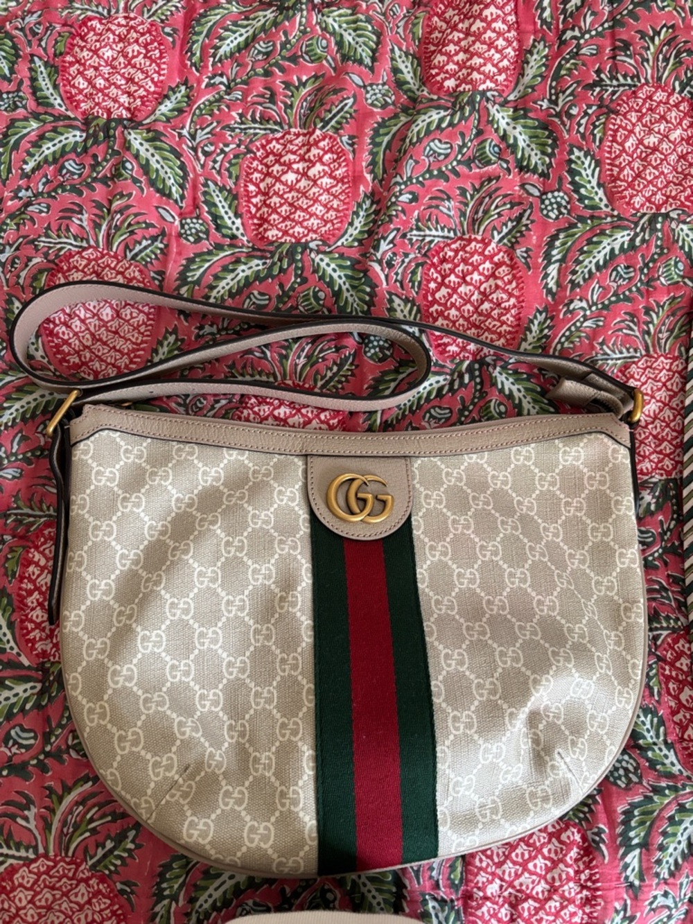 Gucci Beige GG Canvas Ophidia Half Moon  Bag with Green and Red Web